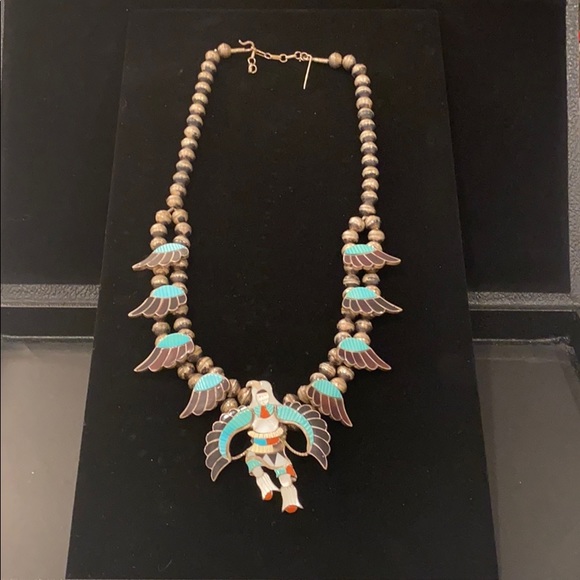 VTG 70’s Zuni Artist signed Necklace squash Blossom turquoise Native American - Picture 2 of 7